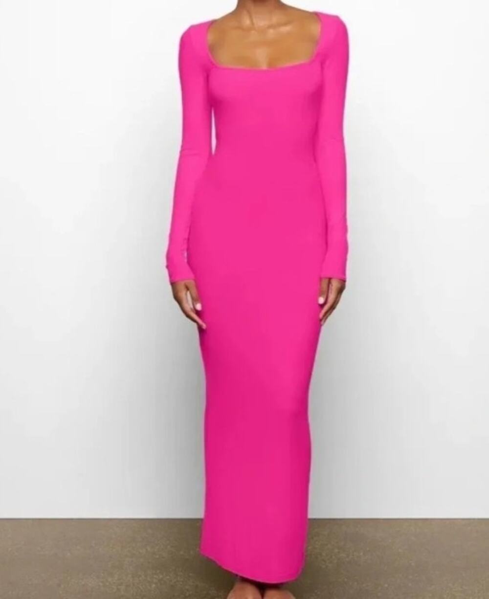 SKIMS Soft Lounge Ribbed Maxi Dress Hot Pink Long Sleeve NWT Size M